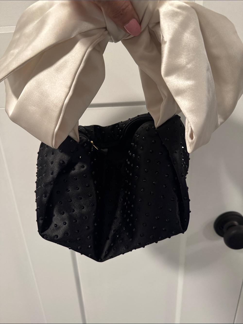 J. Crew Black Satin Mini Bag with Cream Bow Handle plus pearl necklace - Picture 3 of 3